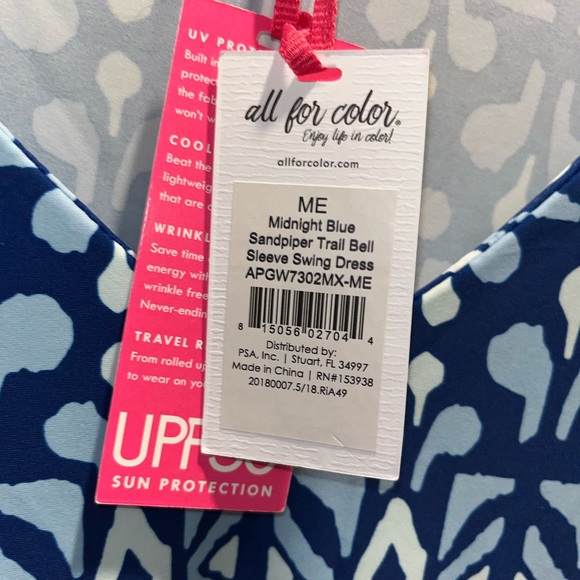 All For Color - Blue & White Patterned Bell Sleeve Dress ☀️50+ UPF Protection☀️ - Picture 6 of 8